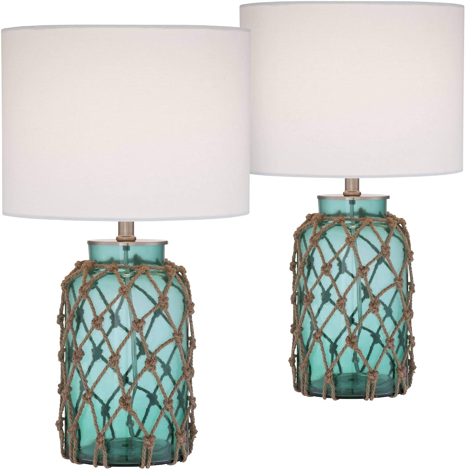 360 Lighting Crosby Cottage Accent Table Lamps 22.5' High Set of 2 Natural Coastal Blue Green Rope Net Off White Drum Shade Decor for Living Room Bedroom House Bedside Nightstand
