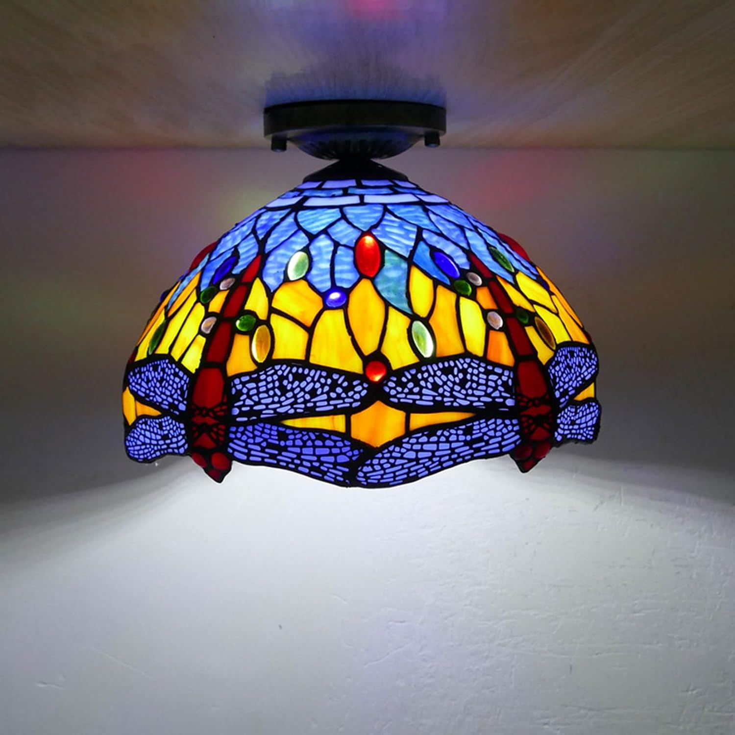 12 Inch Dragonfly Stained Glass Lamp Shade, Tiffany Style Lampshades Replacement, Handmade Vintage Lamp Cover Accessories Only for Table lamp Pendant Light Ceiling Fixture,Yellow