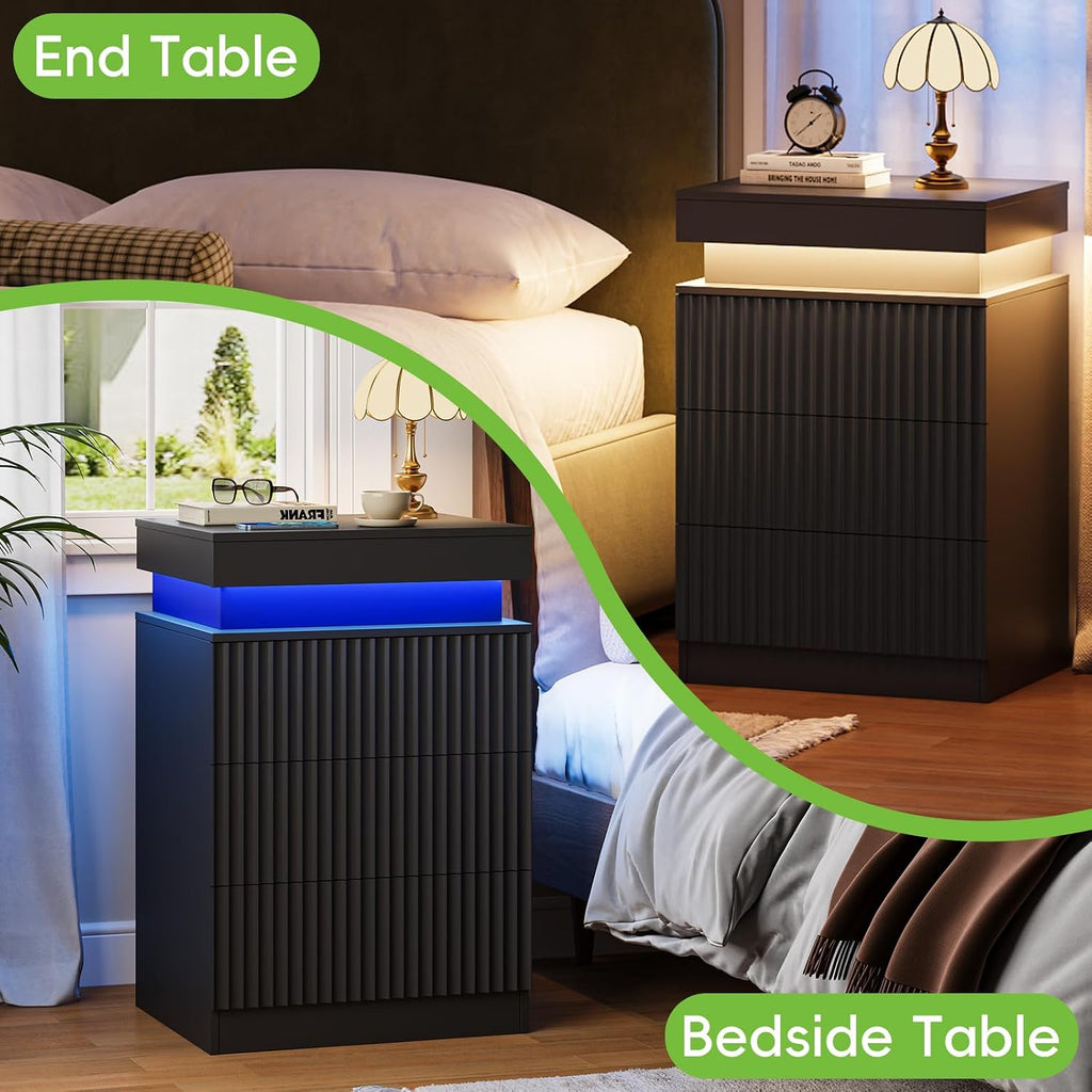 Night Stand Set 2 with Charging Station & LED Light, Mid Century Modern Fluted Bedside & End Tables with 3 Drawers, Sliding Top & Hidden Storage, Wooden Farmhouse NightStand for Bedroom Office, Black