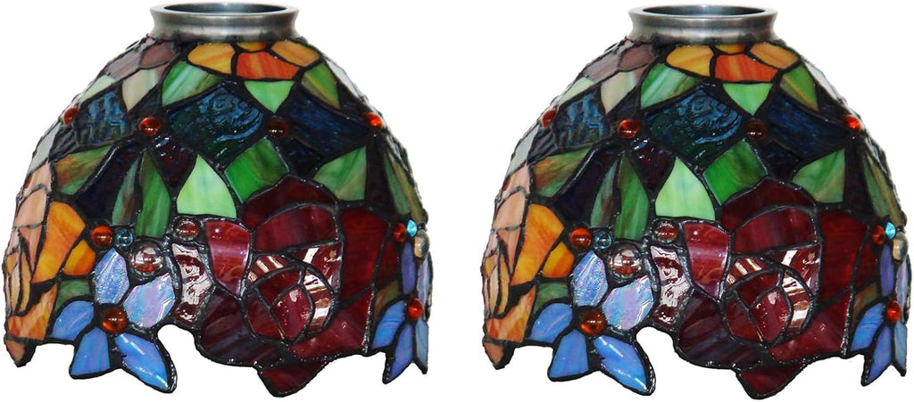 2 Sets Rose Blue Lampshade Replacement, Tiffany Style Vintage Handmade Red Orange Green Stained Glass Crystal Beads Shade for Wall Sconce, Ceiling Light, Pendant Lamp,Chandelier