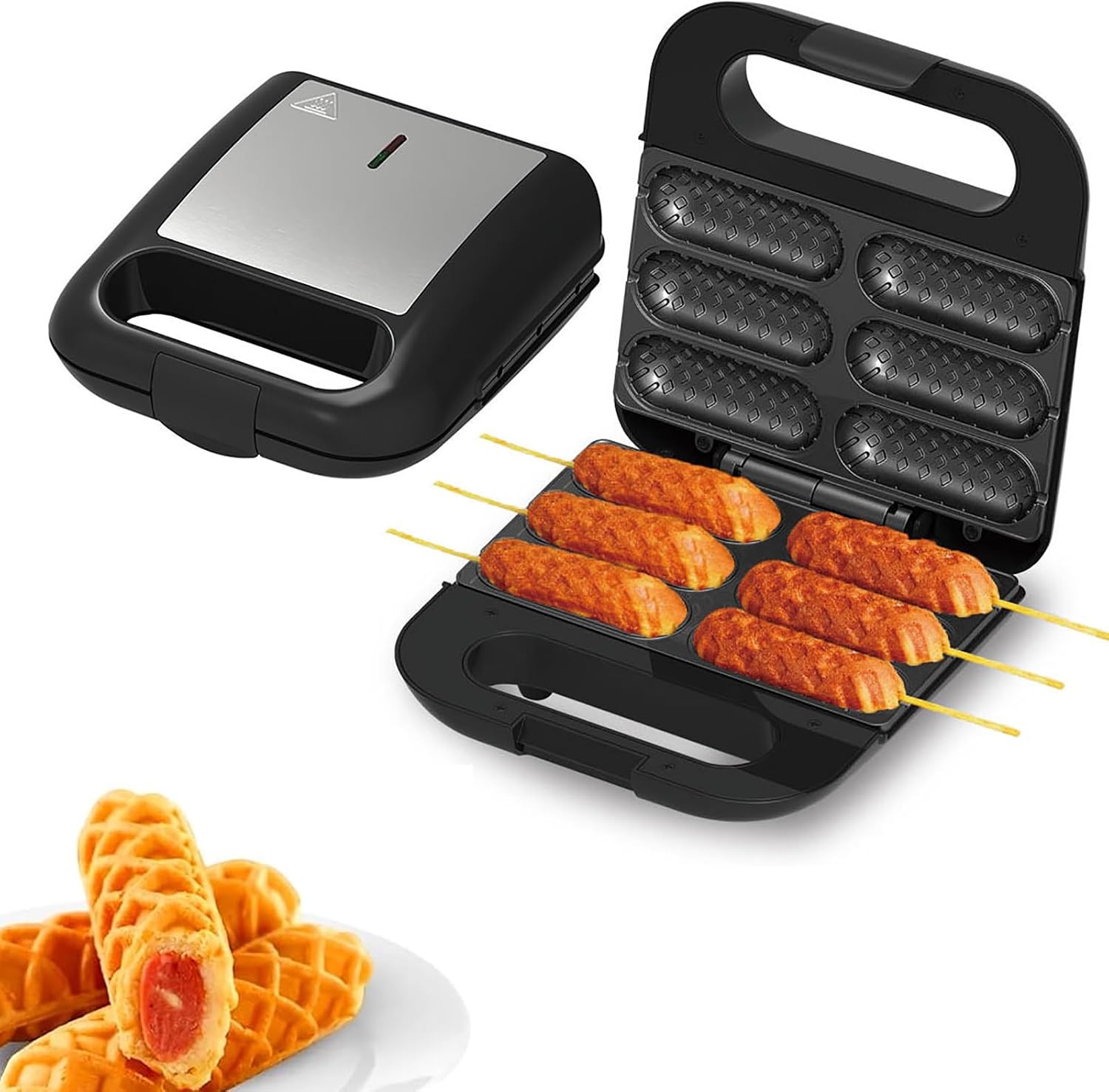 Corn Dog Maker, Hot Dog Waffle Machine with Non-stick Coating Plate, Double Sided Circulation Heating and Make 6 Corn Dogs, Easy To Use and Store for Restaurant Bake