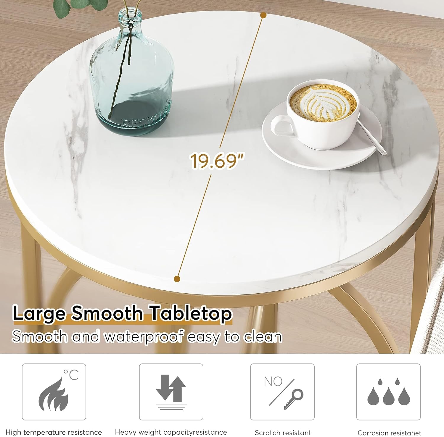LITTLE TREE 20' Round End Table，Modern Sofa Side Table with Gold O-Shaped Base, Faux Marble White Cocktail Table Accent Table Nightstand for Living Room Bedroom, 2PCS