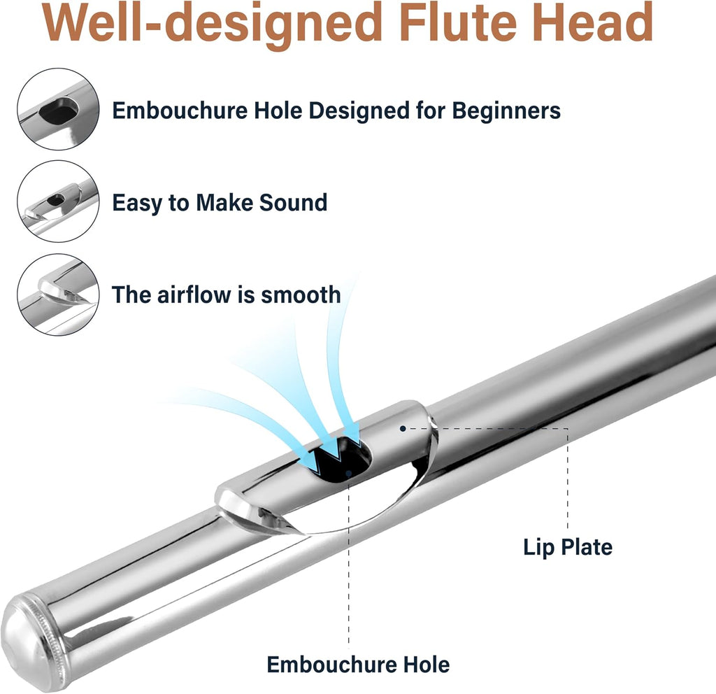 Mendini By Cecilio Open/Closed Hole C Flute, 16 Keys Flute Instrument For Beginners with Carrying Case, Cork Grease, Stand, Lesson Book, Cleaning Kit, Gloves- Silver