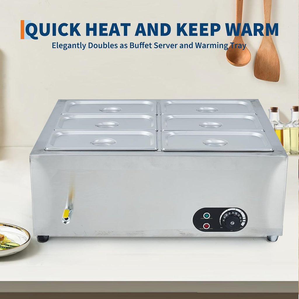 Commercial Food Warmer Stainless Steel with Lids, 1500W Electric Buffet Server Bain Marie, 6-Pan Catering Hot Food Station for Restaurants, Hotels, Banquets, and Commercial Kitchen Equipment