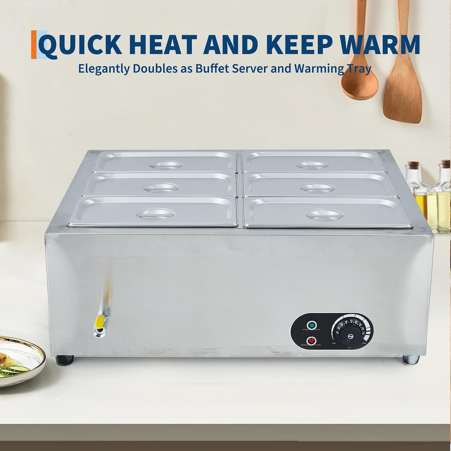 Commercial Food Warmer Stainless Steel with Lids, 1500W Electric Buffet Server Bain Marie, 6-Pan Catering Hot Food Station for Restaurants, Hotels, Banquets, and Commercial Kitchen Equipment