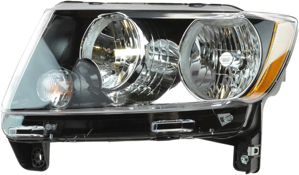 TRQ Driver and Passenger Side Headlight Assembly Set Black Bezel without Projector Headlights Compatible with 13-17 Jeep Compass