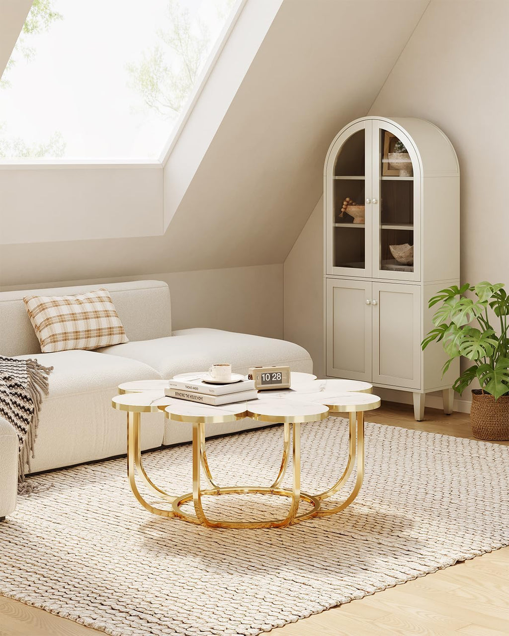 LITTLE TREE 39.37-Inch White and Gold Coffee Table, Modern Flower-Shaped Center Table with Faux Marble Top & Metal Frame, Floral Accent Coffee Table for Living Room, Bedroom, Lounge