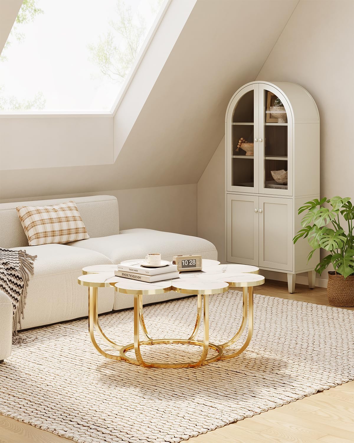 LITTLE TREE 39.37-Inch White and Gold Coffee Table, Modern Flower-Shaped Center Table with Faux Marble Top & Metal Frame, Floral Accent Coffee Table for Living Room, Bedroom, Lounge