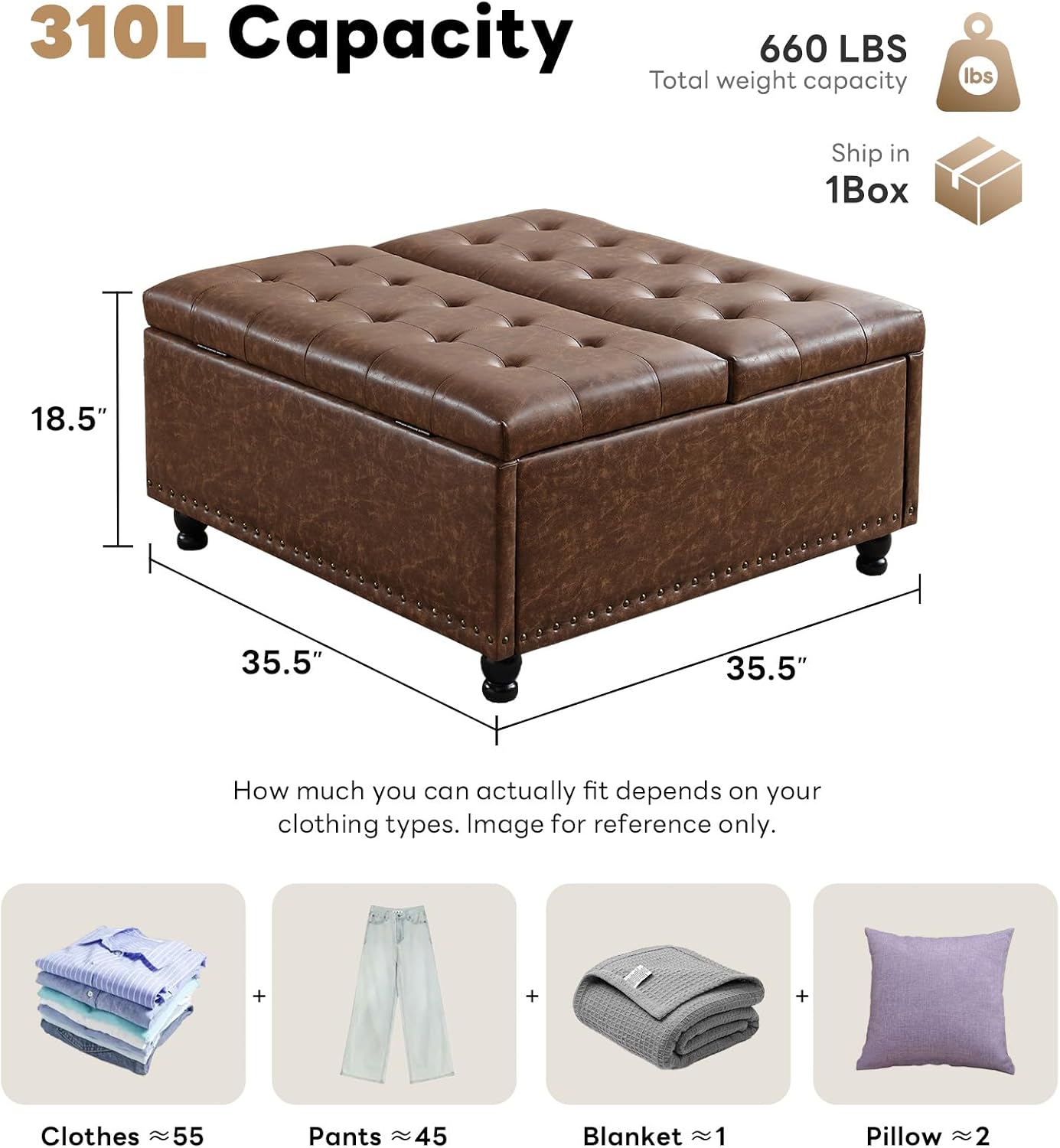 Tbfit Large Square Storage Ottoman Bench, Tufted Upholstered Coffee Table Ottoman with Lift Top & Solid Wood Legs, Oversized Storage Ottomans Toy Box for Living Room (Brown)