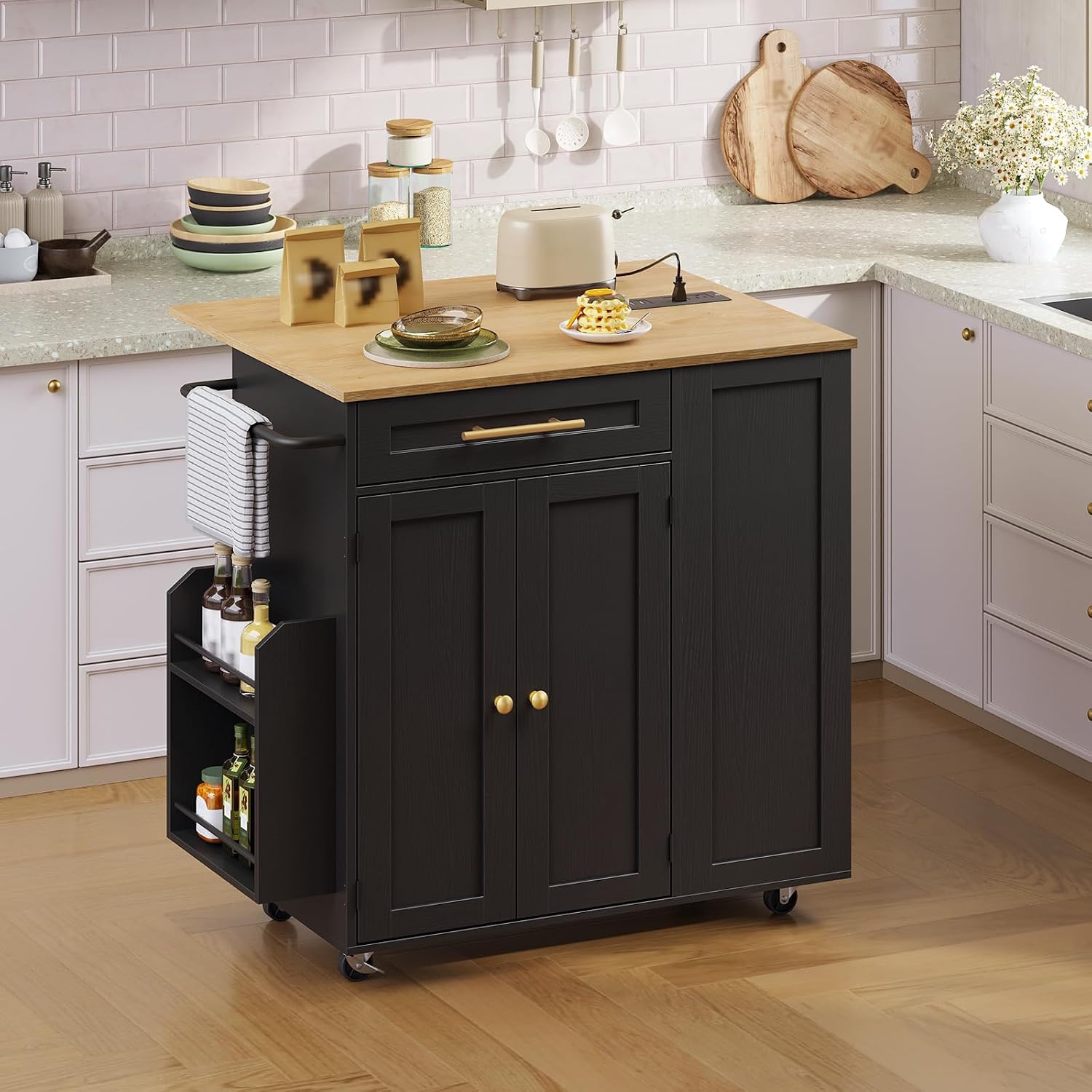 Kitchen Island with Storage, Rolling Kitchen Table with Drop Leaf, Charging Station, 3 Open Adjustable Shelf & Drawer, Towel Rack, Mobile Kitchen Cart for Dining Room, Black and Natural