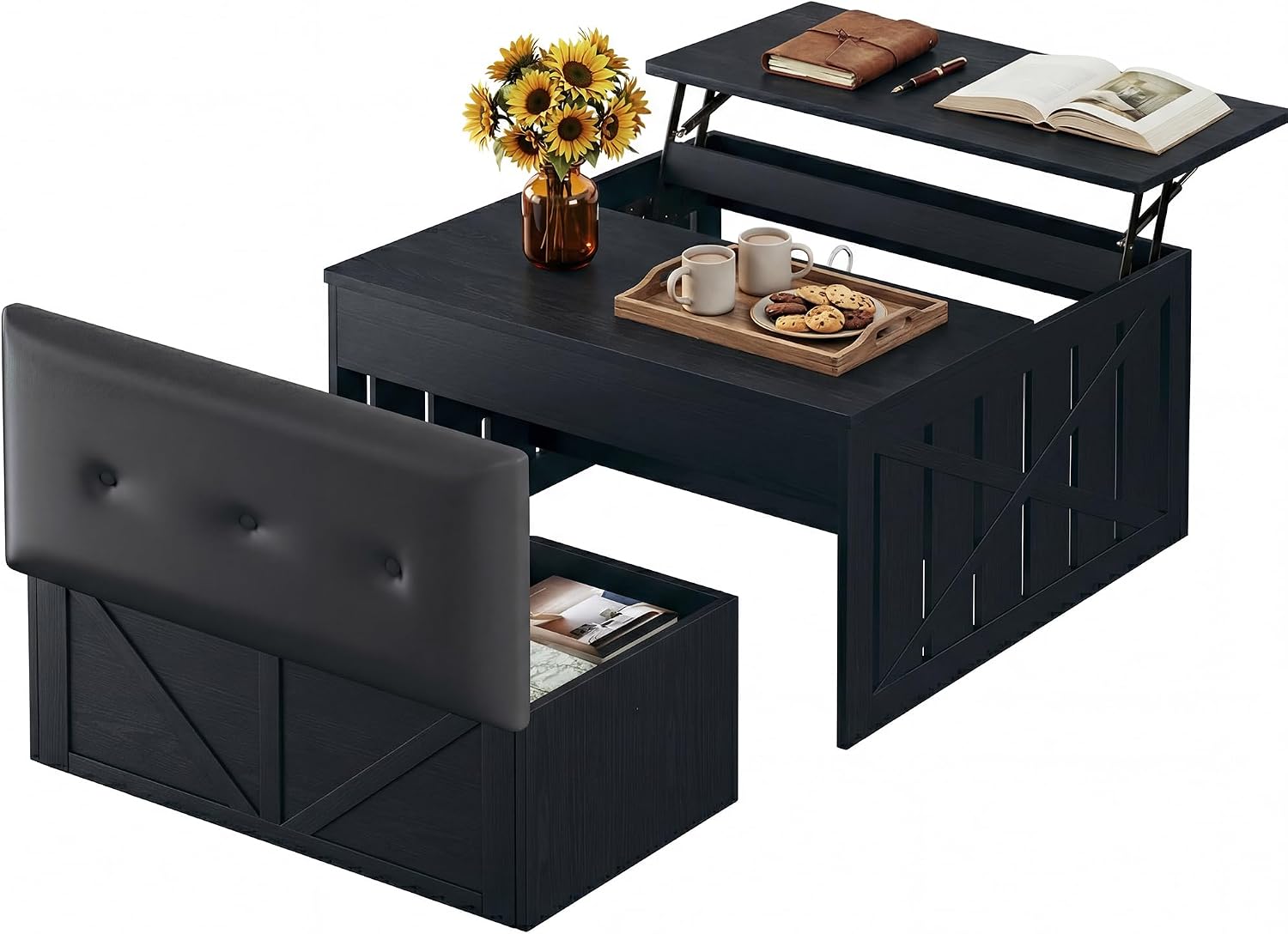 HUAHUU Coffee Table, 31.5 Lift Top Coffee Tables with Storage Hidden Compartment, Farmhouse Coffee Tables with Ottoman Bench, Center Table with Wooden Lift Tabletop for Living Room, Black