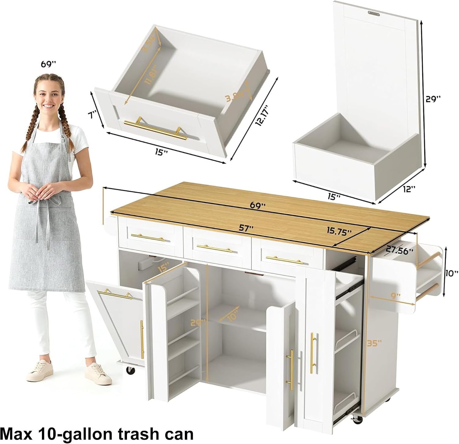 St.Mandyu 69' Large Kitchen Island on Wheels, Kitchen Rolling Island Cart with Trash Storage Cabinet, Power Outlet, 3-Tier Pull-Out Storage Trays, Drop Leaf, Mobile Island Table for Kitchen, White