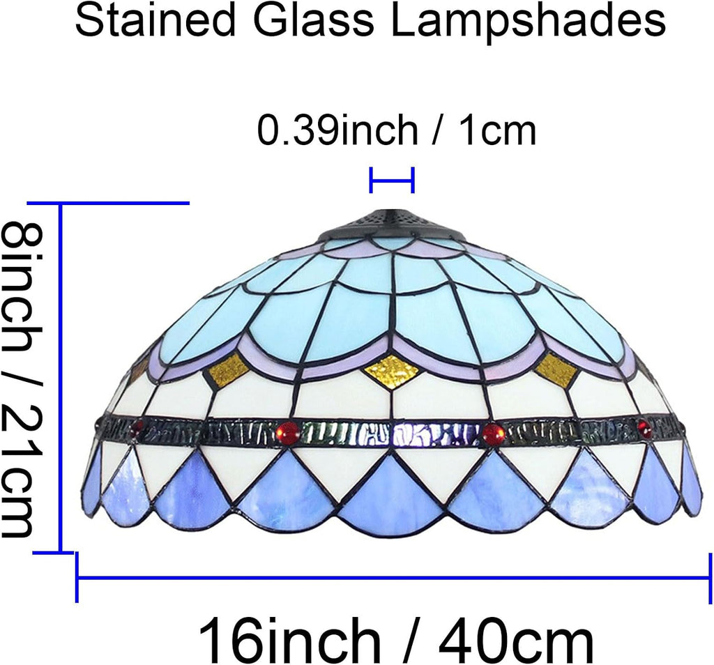 Tiffany Lamp Shade 16 Inch Wide Accessories Replacement Only Blue Mediterranean Stained Glass Lampshades Vintage Feather Light Cover for Table Lamp Floor Lamp Pendant Light Ceiling Fixture