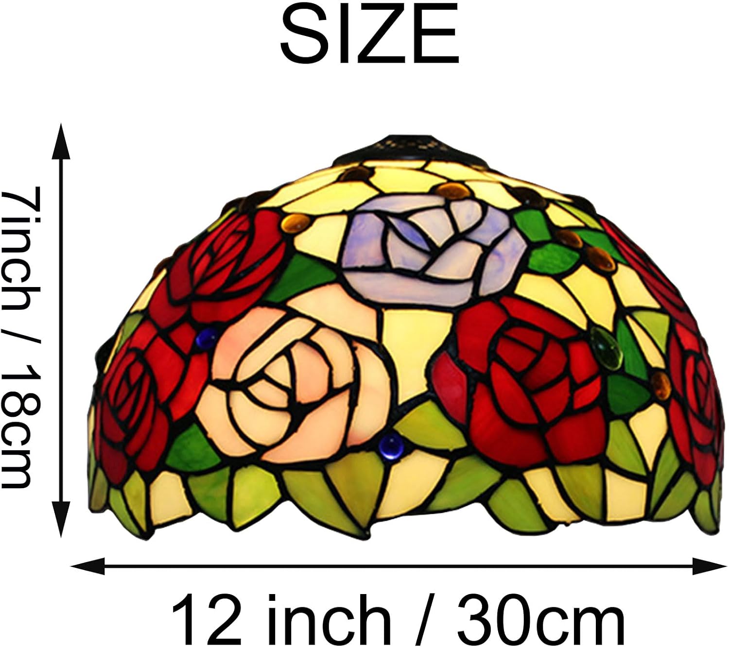 Tiffany Stained Glass Single Lampshade 12 Inch Colored Rose Table Lamp Shade Pendant Hanging Light Fixture Ceiling Lamp Replacement Shade Red Orange Blue Pink Flower Green Leaves,B1