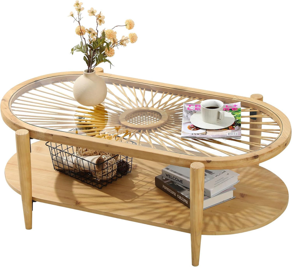 RUSTOWN Rattan Coffee Tables,2-Tier Oval Boho Cocktail Tables, Mid Century Modern Coffee Table with Rattan & Tempered Glass Top and Wood Legs, Sofa Table for Living Room(Natural)