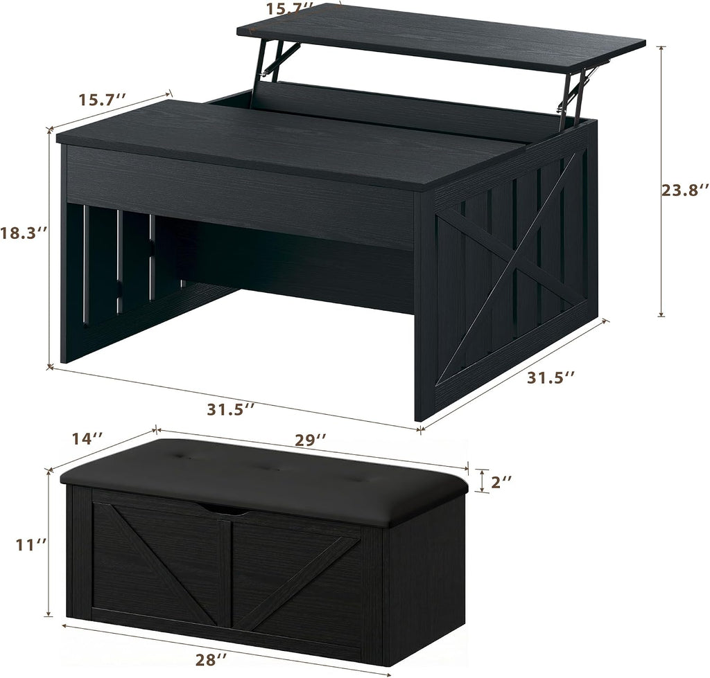 HUAHUU Coffee Table, 31.5 Lift Top Coffee Tables with Storage Hidden Compartment, Farmhouse Coffee Tables with Ottoman Bench, Center Table with Wooden Lift Tabletop for Living Room, Black