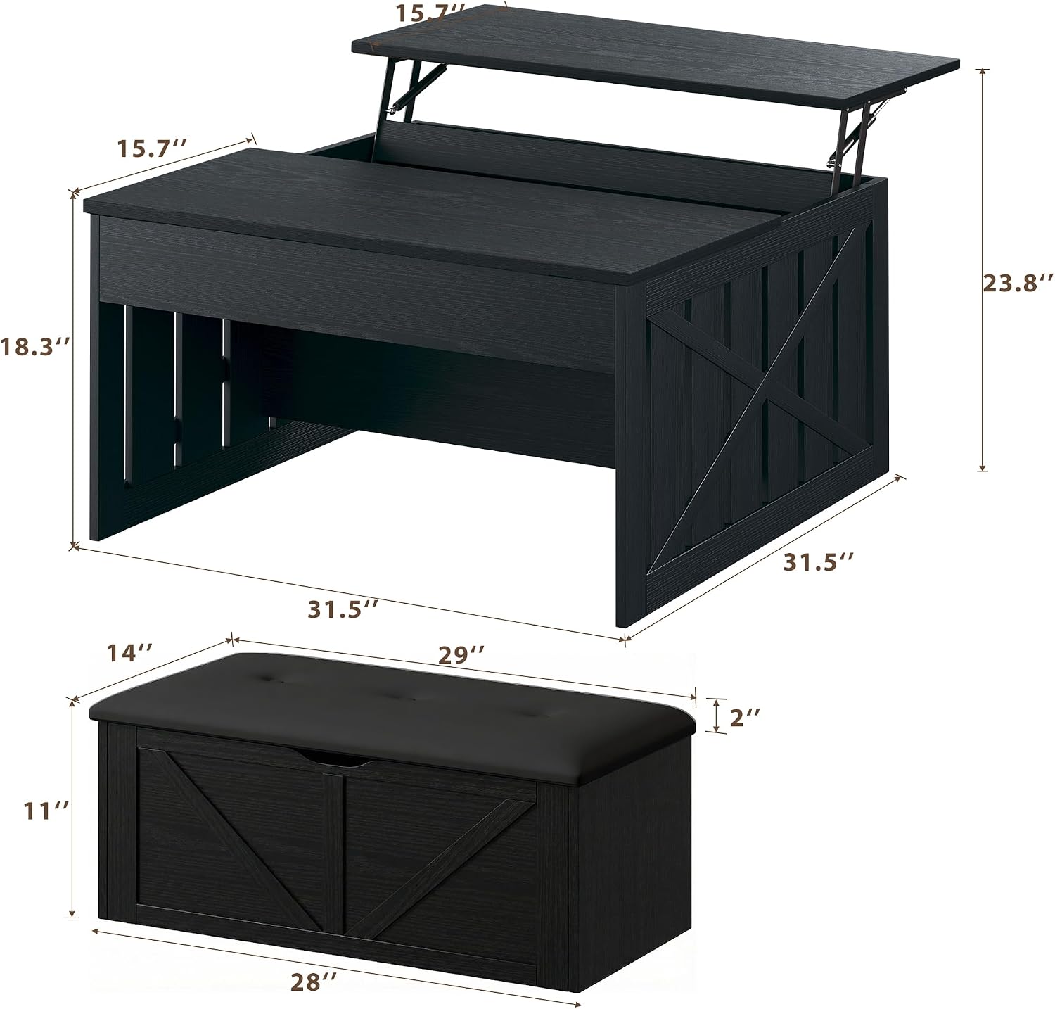 HUAHUU Coffee Table, 31.5 Lift Top Coffee Tables with Storage Hidden Compartment, Farmhouse Coffee Tables with Ottoman Bench, Center Table with Wooden Lift Tabletop for Living Room, Black