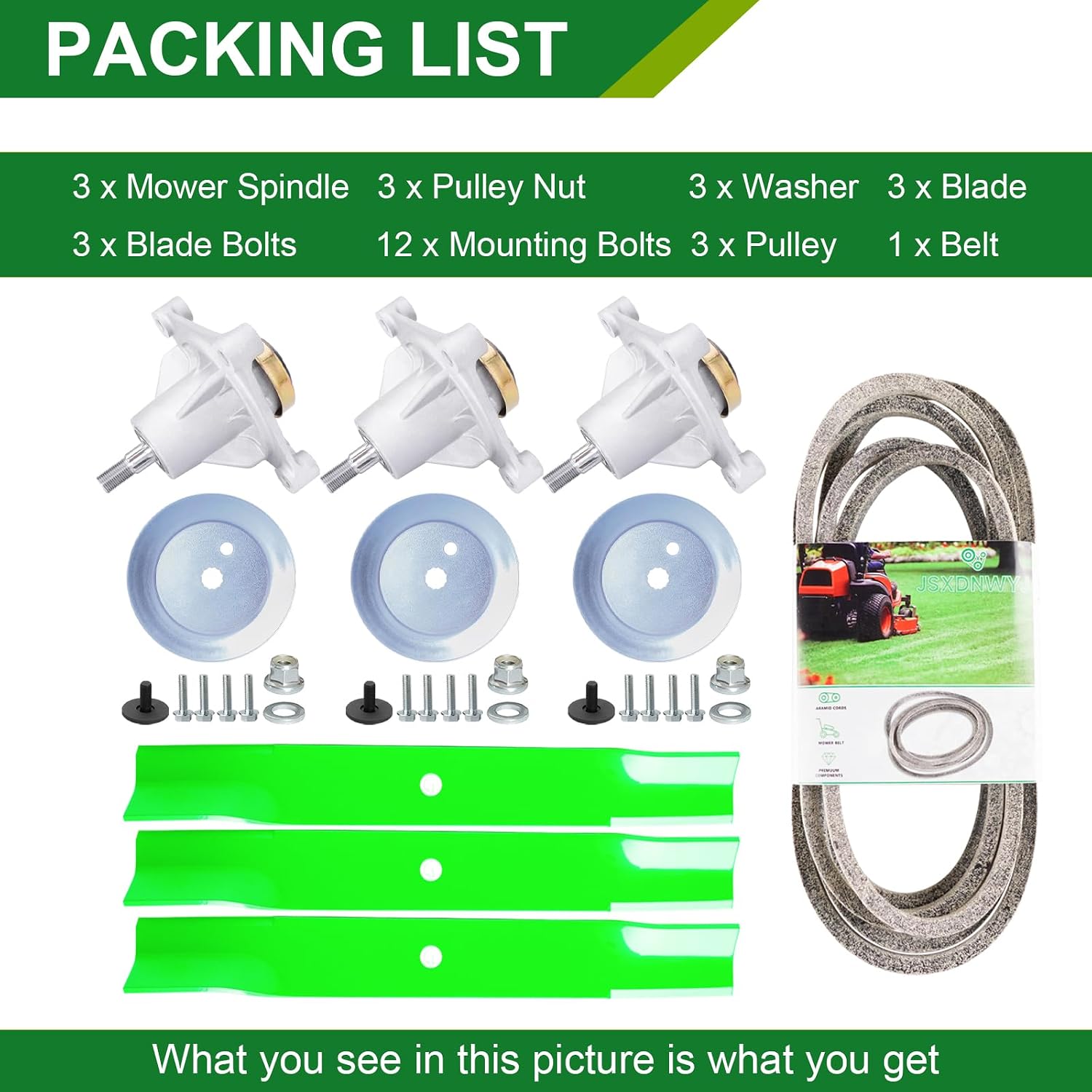 52 Inch Mower Deck Rebuild Kit - Fits Hustler Raptor Raptor Limited 52' Mowers, 3 Spindles (604214) + 3 Blades (603995) + 1 Belt (791998)+3 Idlers(603998)