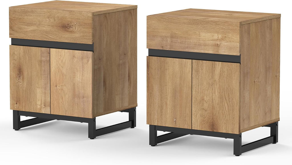 WAMPAT 2 Pack Modern End Table with 1 Drawer & 1 Storage Cabinet, Farmhouse Sofa Side Table, Wood Rustic Nightstand for Living Room and Bedroom, Oak, 18.9''L x 15.5''W x 23.6''H