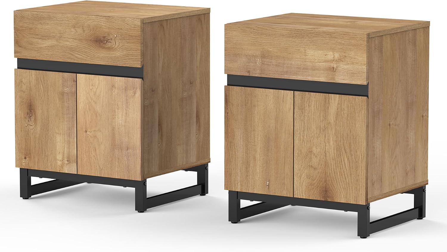 WAMPAT 2 Pack Modern End Table with 1 Drawer & 1 Storage Cabinet, Farmhouse Sofa Side Table, Wood Rustic Nightstand for Living Room and Bedroom, Oak, 18.9''L x 15.5''W x 23.6''H