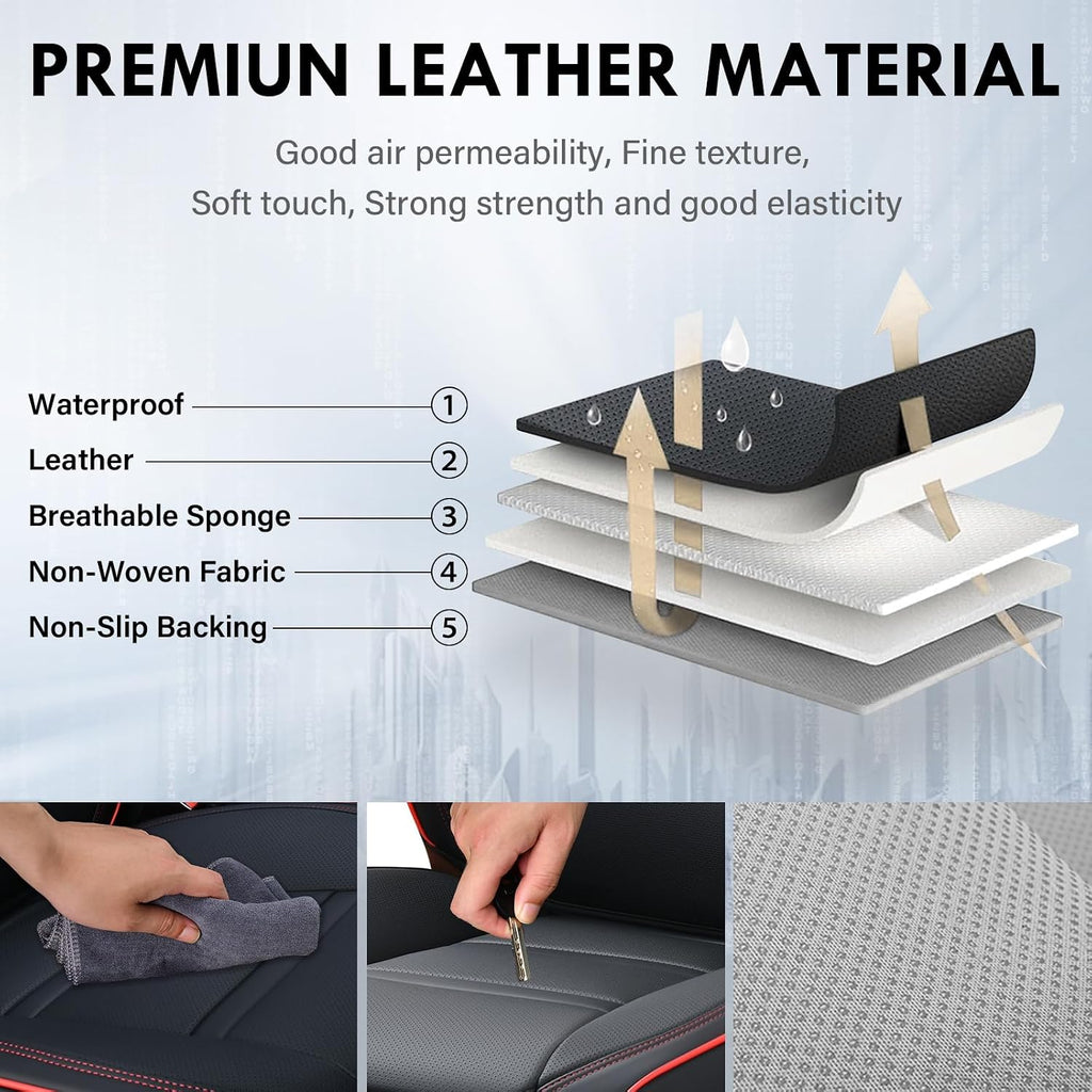 Coverado Car Seat Covers Full Set, 5 Piece Car Seat Protector with Removable Headrest, Nappa Leather Breathable Front Rear Seat Cushion Side All Wrapped Universal Fit Truck Most Cars Black & Red