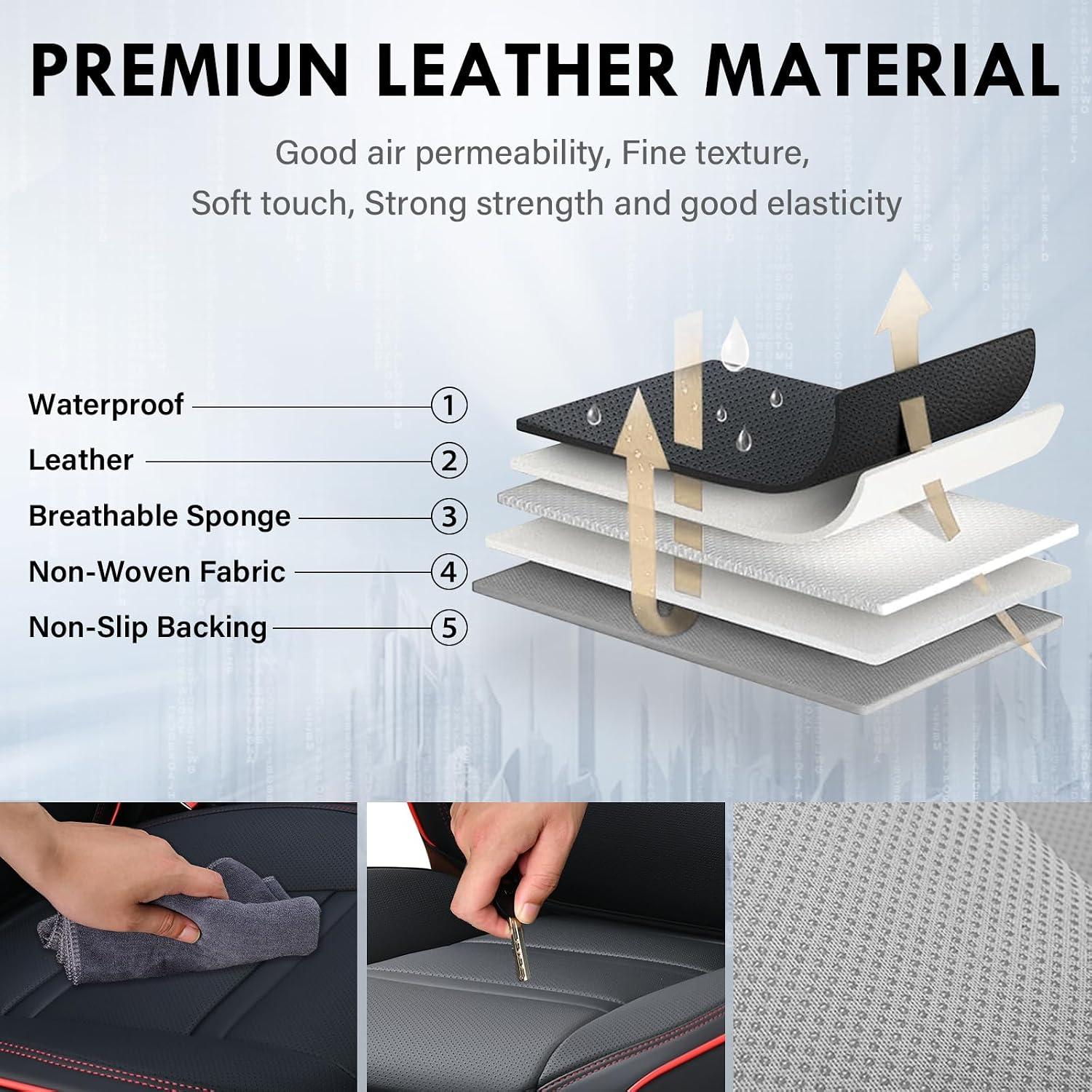 Coverado Car Seat Covers Full Set, 5 Piece Car Seat Protector with Removable Headrest, Nappa Leather Breathable Front Rear Seat Cushion Side All Wrapped Universal Fit Truck Most Cars Black & Red