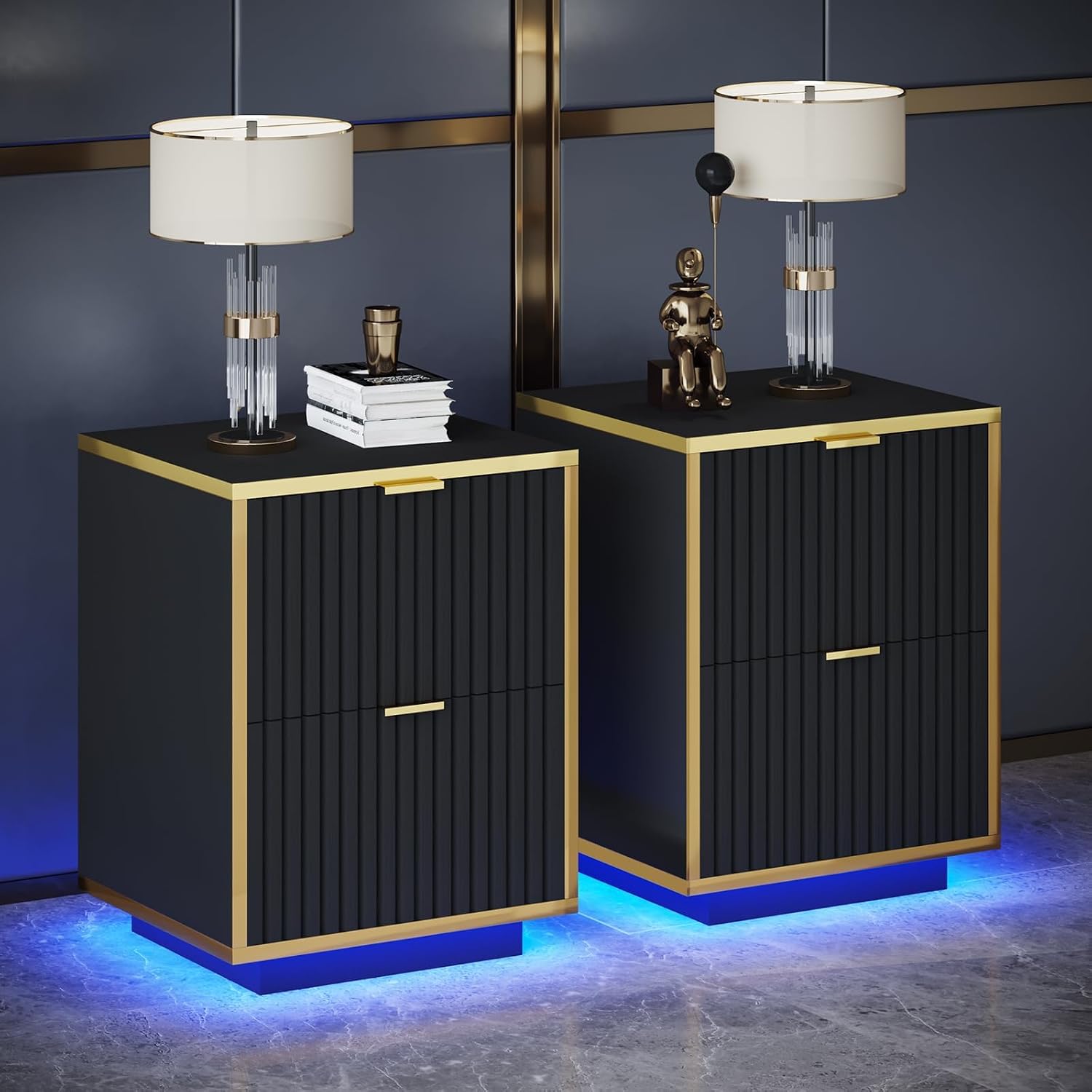 4ever2buy Black and Gold Nightstand Set of 2, Modern Bedside Table with LED Lights, End Table for Bedroom Living Room