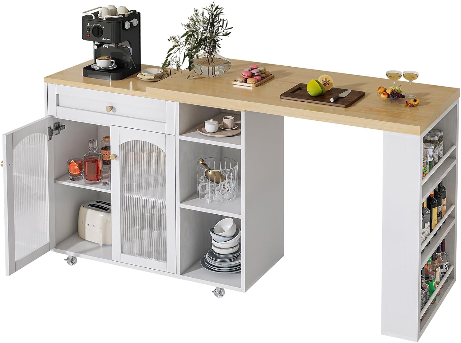LYNCOHOME 71.1' Rolling Kitchen Island with 360° Rotating Tabletop, Mobile Lockable Wheels & Adjustable Shelves, Multifunctional Storage Cart for Kitchen & Dining（White）