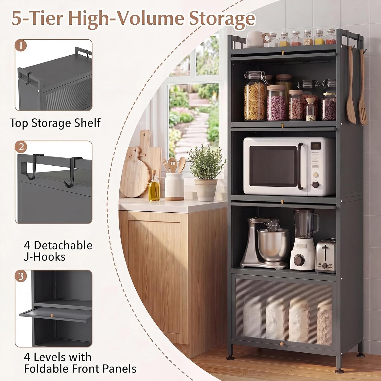 LOKO 5-Tier Kitchen Storage Cabinet,Freestanding Baker's Rack with 4 Rolling Casters, Mobile Microwave Stand with Double Anti-toppling Device, for Dining Room, Living Room and Study (Grey, 60.5' H)