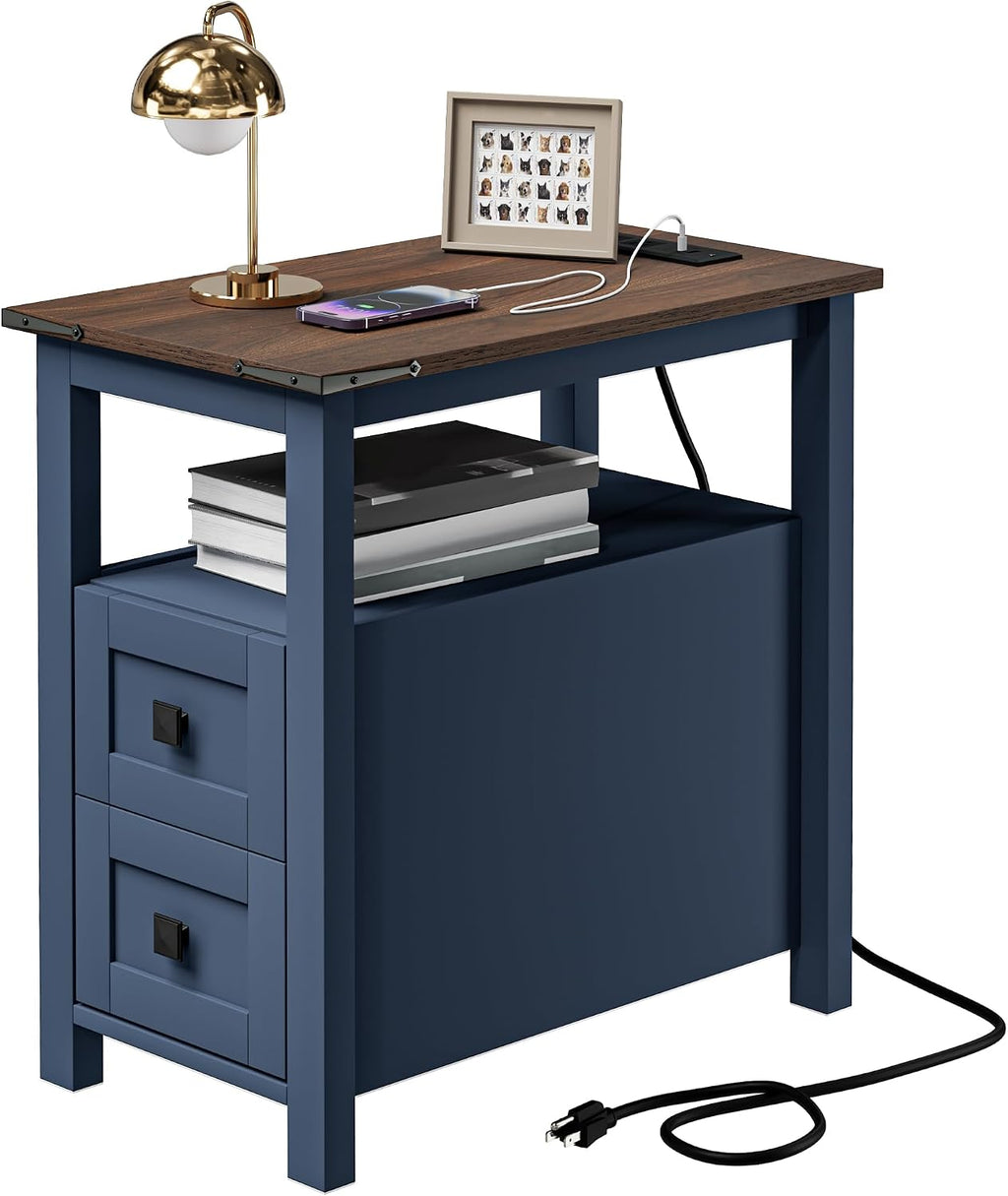 VVFLU Farmhouse End Table with Charging Station and 2 Storage Drawers, Blue Wood Nightstand Narrow, Skinny Side Table Rustic, Slim Bedside Table, Open Shelf, Small for Bedroom, Living Room, Sofa