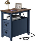 VVFLU Farmhouse End Table with Charging Station and 2 Storage Drawers, Blue Wood Nightstand Narrow, Skinny Side Table Rustic, Slim Bedside Table, Open Shelf, Small for Bedroom, Living Room, Sofa