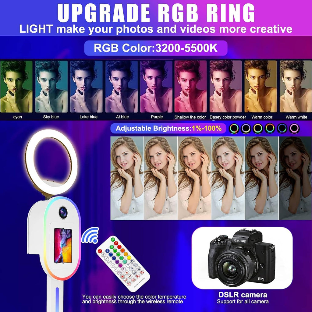 RDYMONKEY Photo Booth for All iPad and for Camera Dualuse Selfie Station Shell Stand APP Control RGB Ring Light Music Sync Light Box Photobooth Machine with Flight Case for Rental