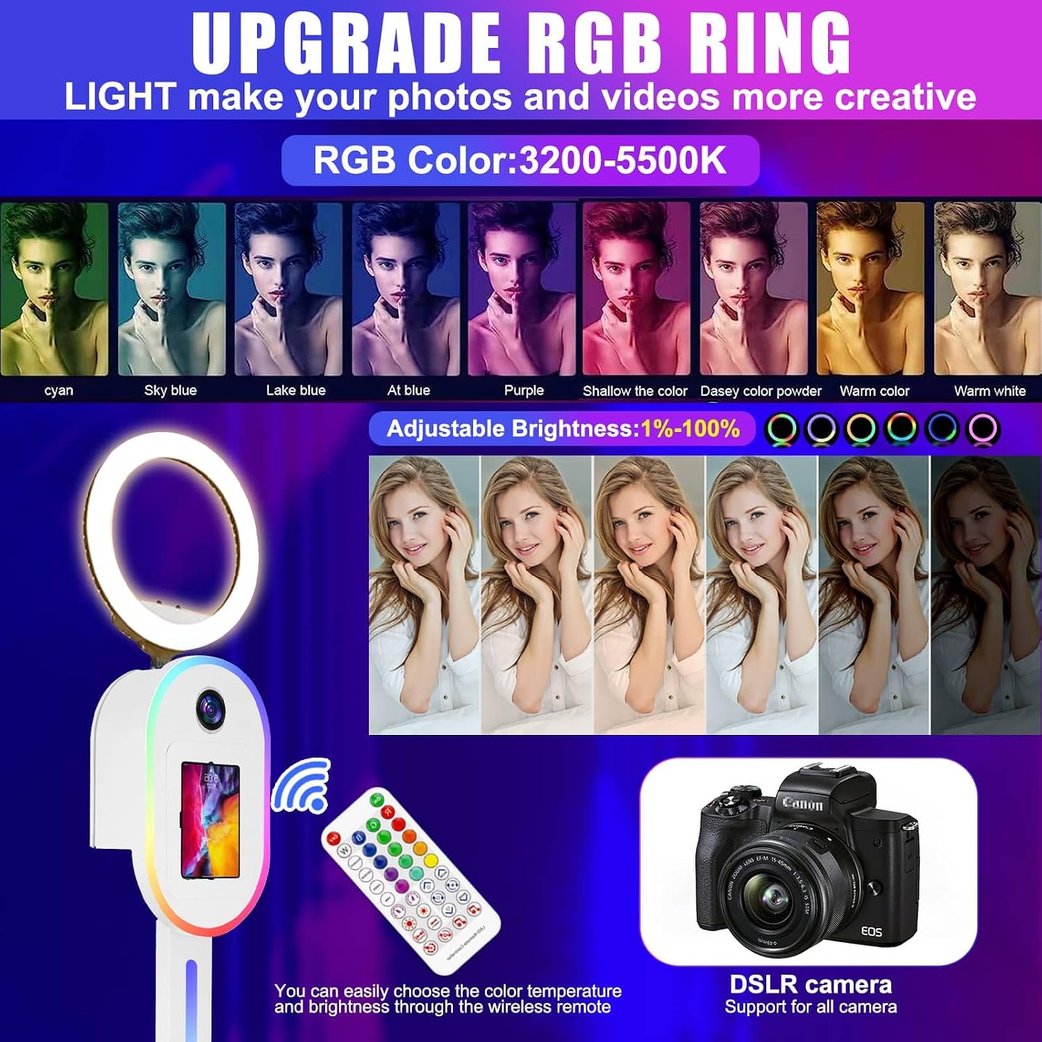 RDYMONKEY Photo Booth for All iPad and for Camera Dualuse Selfie Station Shell Stand APP Control RGB Ring Light Music Sync Light Box Photobooth Machine with Flight Case for Rental