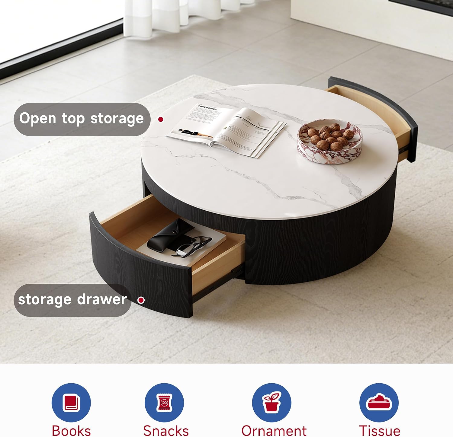 Round Coffee Table with Storage,Modern Sintered Stone & Solid Wood Center Table,Black and White Coffee Tables for Living Room,Apartment【Black,31.5'】