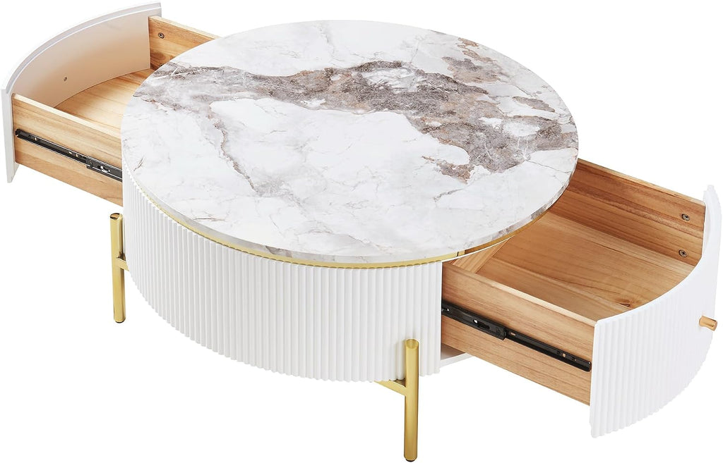 Merax 31.5'' Round Wood Coffee Table, with 2 Large Drawers Storage, Modern Marble Top, with Gold Metal Legs Center Tables for Living Room Apartment, Off White