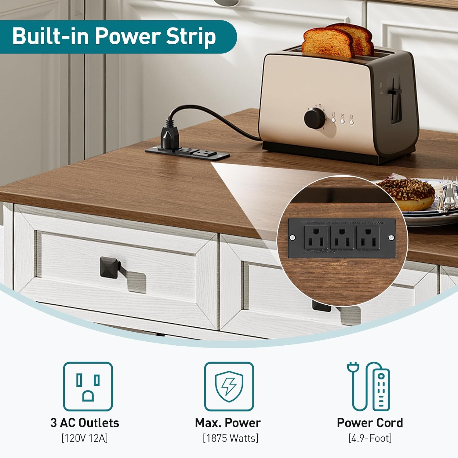 RALGEND Kitchen Island with Drop Leaf & Power Outlet, Rolling Kitchen Island Cart On Wheels, Barn Door Kitchen Island Table with Storage and Tower Rack, Island Table for Kitchen, White and Walnut