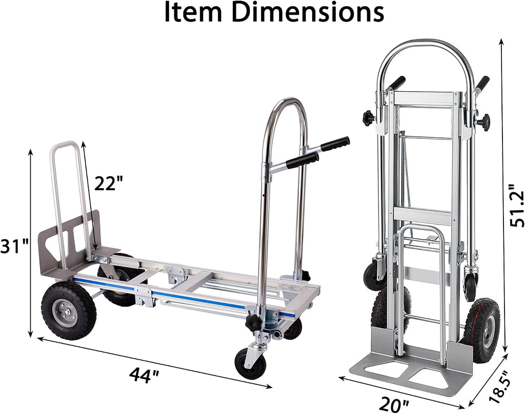 3 in 1 Convertible Hand Truck Dolly, Heavy-Duty Aluminum Hand Truck, 1000 lb Platform / 660 lb Upright Capacity Utility Cart with 10″ Pneumatic Wheels for Warehouse, Factory, Construction
