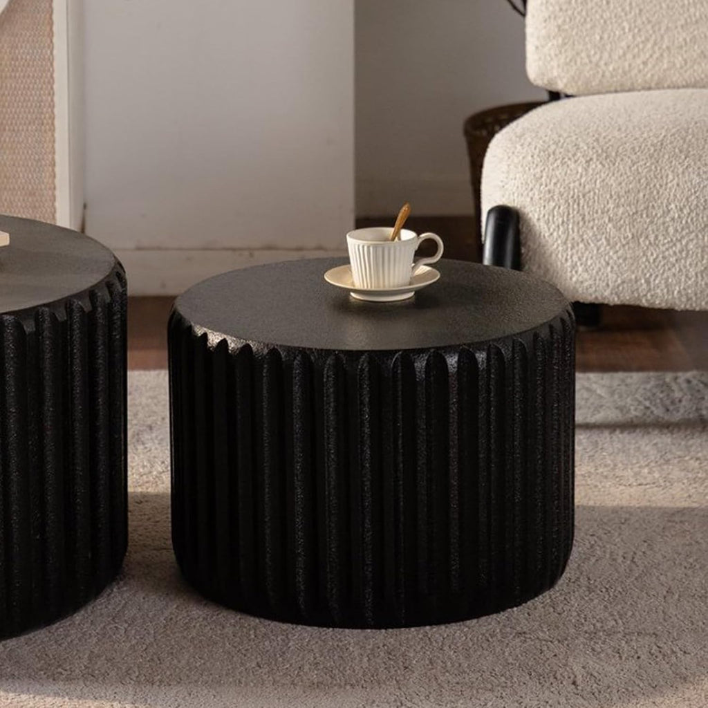 WILLIAMSPACE 46.46' Round Nesting Coffee Table Set of 2, Modern Circle Drum Center Tables Curved-Edge Shape Tea Table for Living Room, No Assembly (Black)
