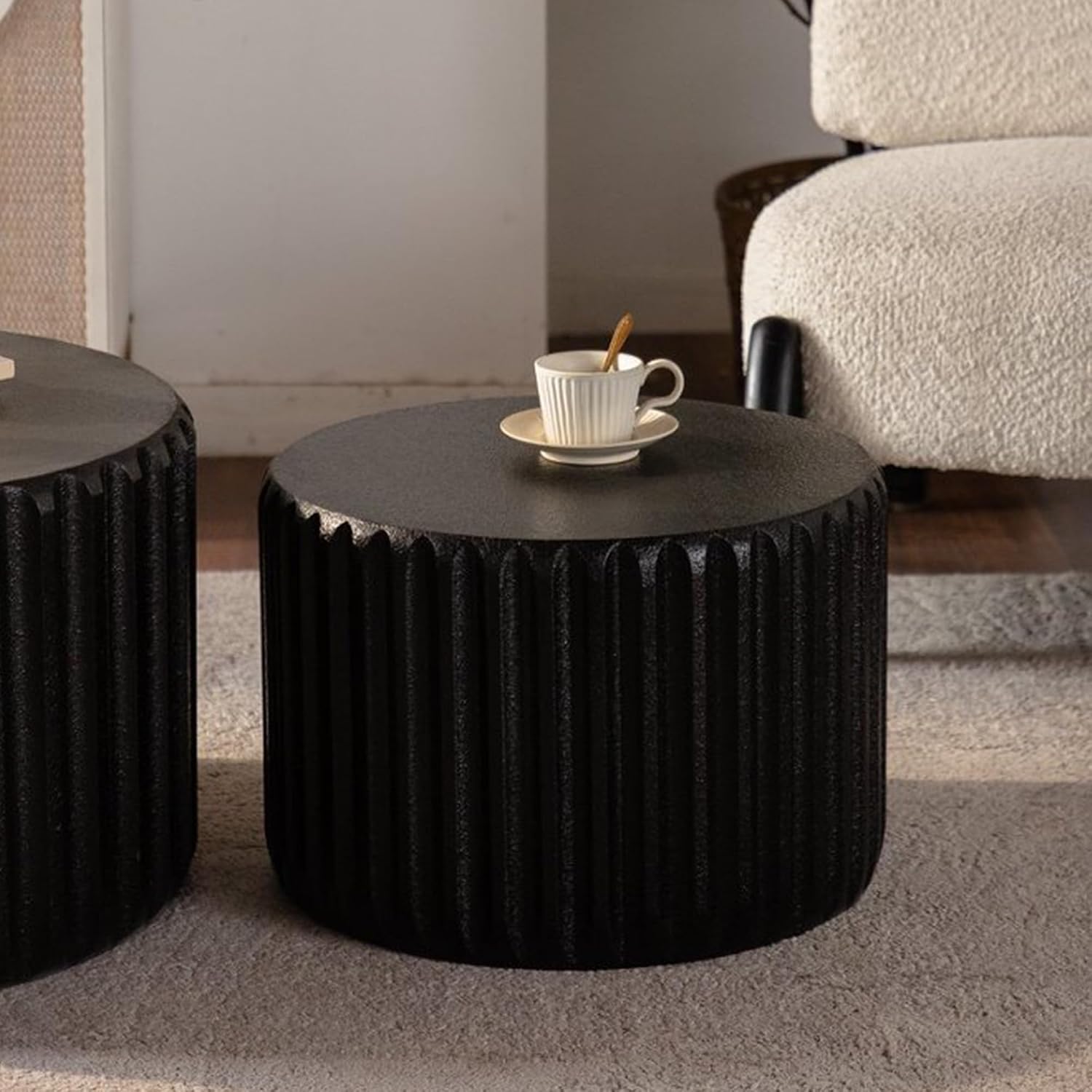 WILLIAMSPACE 46.46' Round Nesting Coffee Table Set of 2, Modern Circle Drum Center Tables Curved-Edge Shape Tea Table for Living Room, No Assembly (Black)