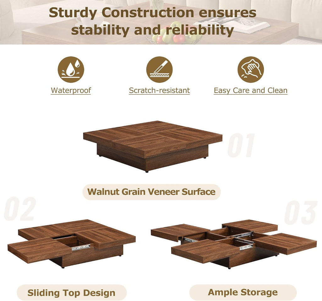 Merax Coffee Table, Modern Extendable Coffee Table with 4 Hidden Storage Compartments, UV High-Gloss Square Center Cocktail Table with Sliding Tabletop for Living Room, 39.4'x 39.4' (Walnut)