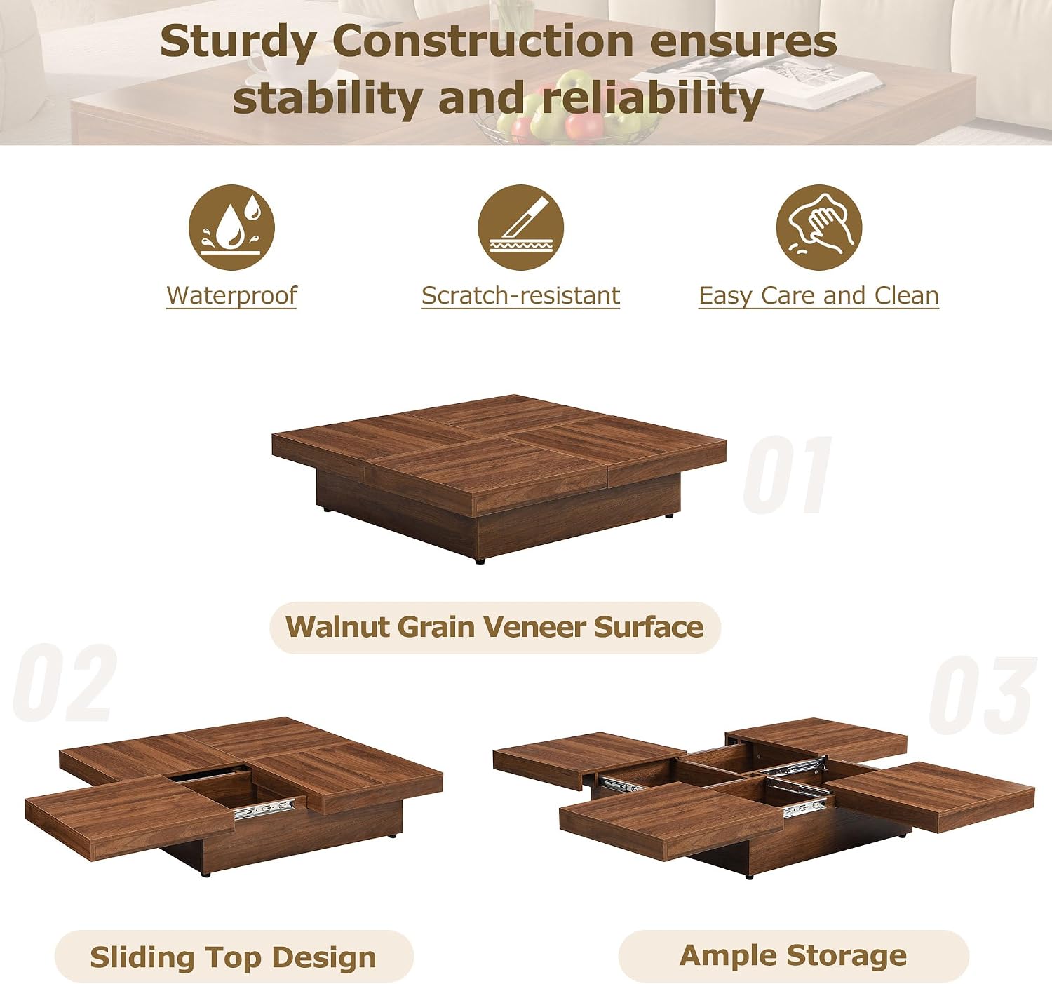 Merax Coffee Table, Modern Extendable Coffee Table with 4 Hidden Storage Compartments, UV High-Gloss Square Center Cocktail Table with Sliding Tabletop for Living Room, 39.4'x 39.4' (Walnut)