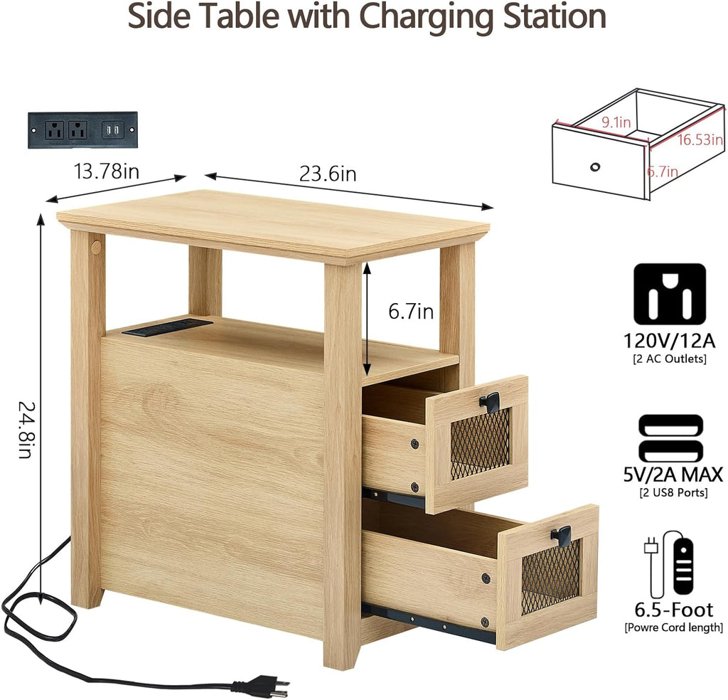 HDDDZSW Farmhouse XXL End Table with Charging Station, Narrow Side Table with USB Ports and Outlets, Nightstand with 2 Drawers Storage, Bedside Tables for Living Room, Bedroom, Wooden Color