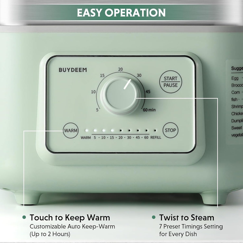 BUYDEEM G52 5.3 Quart Electric Food Steamer for 1-3 Servings, Vegetable Steamer for Cooking, 2-hour Keep Warm, 7 Preset Timings, Dual Boil-Dry Protection, Stainless Steel, Cozy Greenish