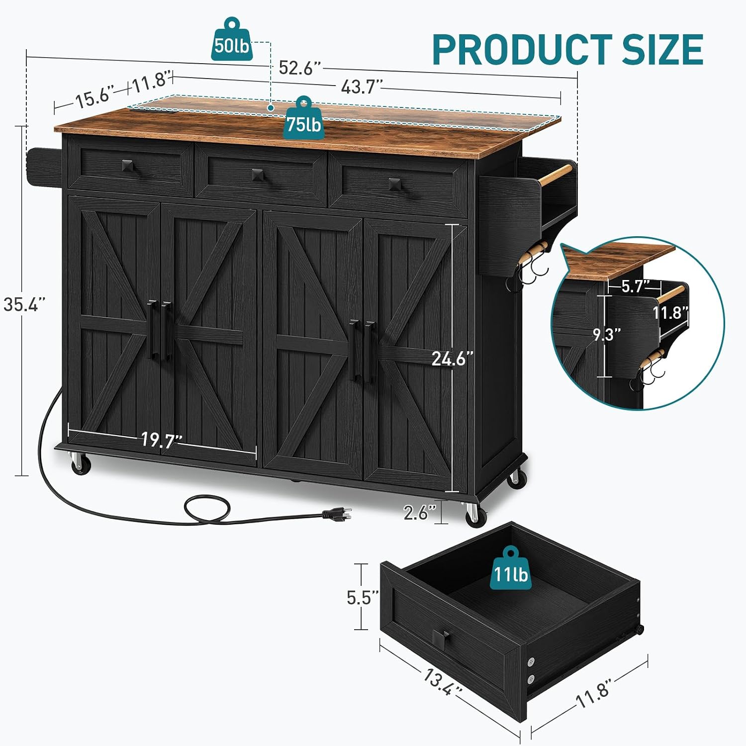 RALGEND Kitchen Island with Drop Leaf & Power Outlet, Rolling Kitchen Island Cart On Wheels, Barn Door Kitchen Island Table with Storage, Island Table for Kitchen, Black and Rustic Brown