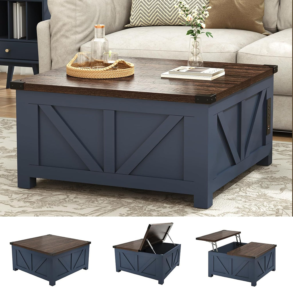 jimeimen Farmhouse Lift Top Coffee Table with Storage, Wood Square Center Table with Charging Station&USB Port, Living Room Table w/Large Hidden Space, for Living Room, Bedroom, Home Office, Blue