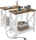 Hadulcet Farmhouse End Tables Living Room Set of 2, Narrow Side Table with Charging Station, Slim Nightstand for Small Space, Skinny Bedside Table, Sofa Side Table with Storage Shelf, White & Brown