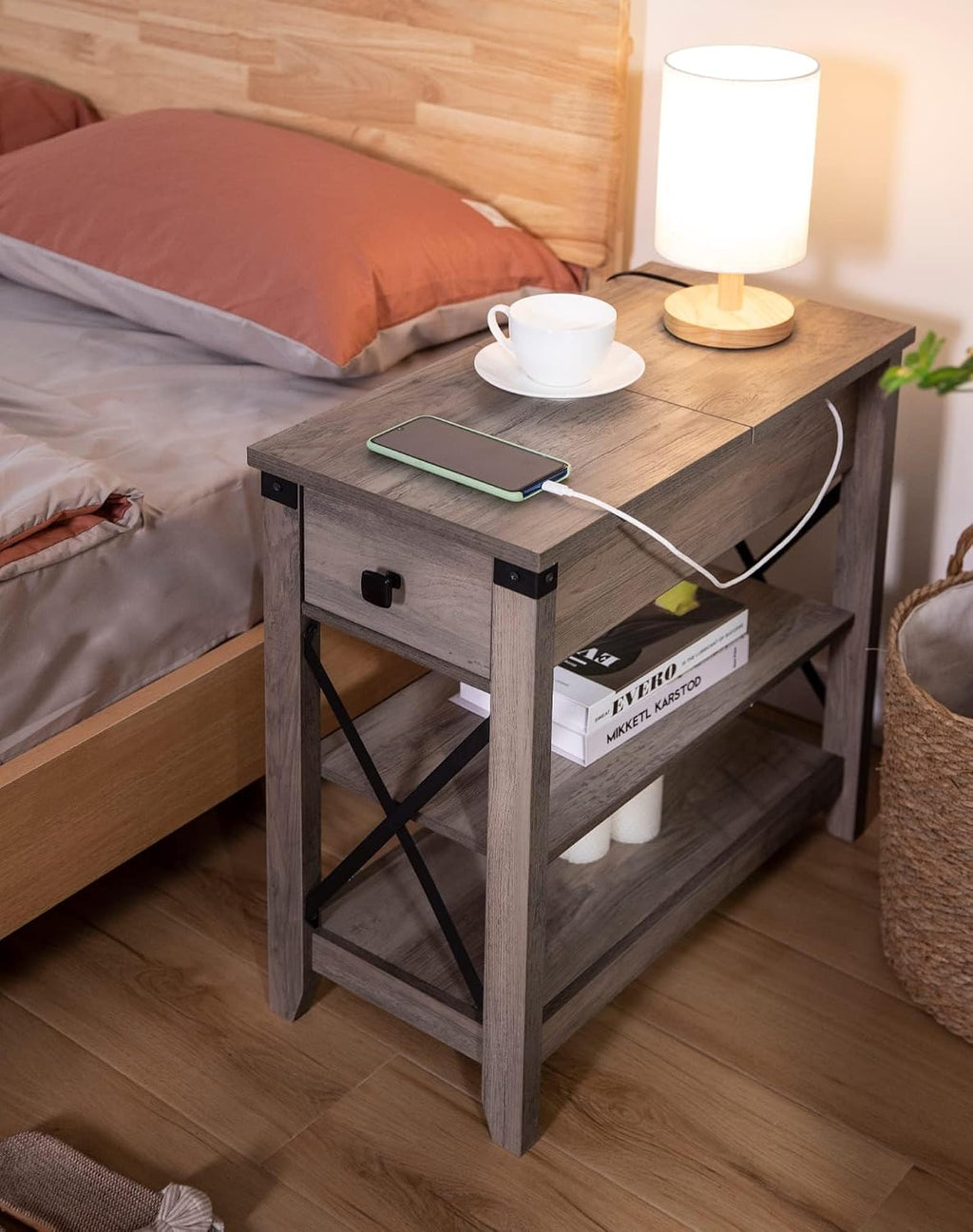 Awescuti Narrow End Table with Charging Station - Farmhouse Slim Side Table Set of 2, w/USB Ports Power Outlets, Nightstand w/Flip Top Storage Drawer, for Small Spaces Living Room Bedroom, Gray