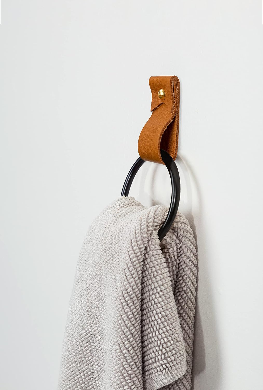 Bathroom Fixture Kit includes leather & wood Toilet Paper Roll Holder, Bath Towel Rail, leather & brass hanging Hand Towel Ring hook with gold hardware, straps are wall mounted, accessories rack