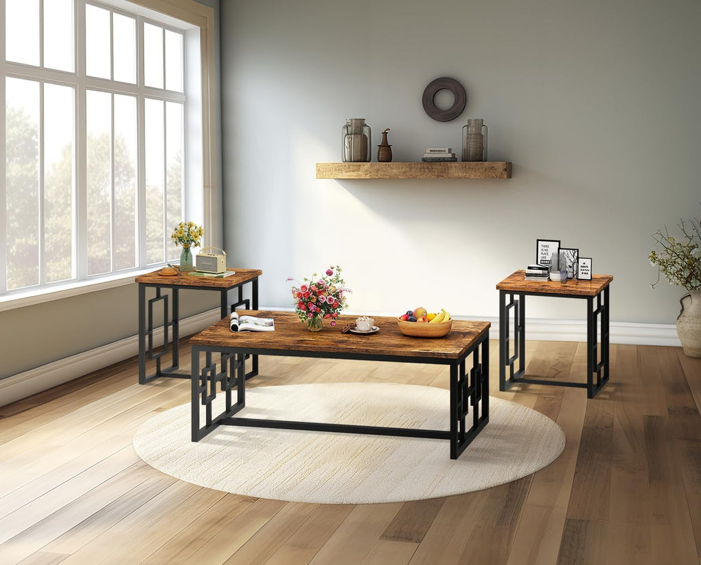 DKLGG 3-Piece Vintage Wood Coffee Table Set with 2 End Tables - Modern Industrial Design, Square Tabletop & Rustic Brown Finish - Perfect for Living Room, Apartment, Home Office, Rustic Brown