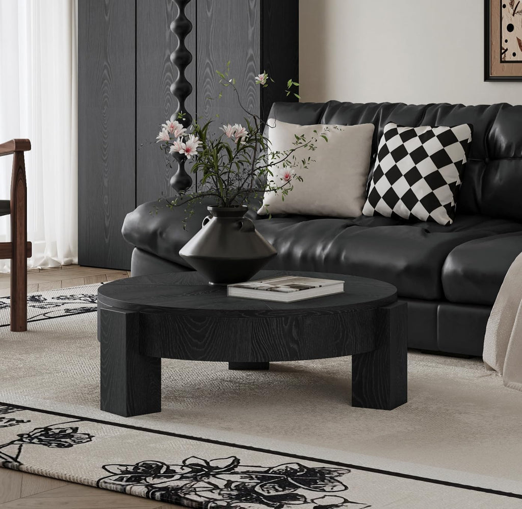 33'' Round Coffee Table with Hidden Storage, Modern Wood Veneer Top, 3 Block Legs Sturdy Center Accent Table for Living Room, Small Space, Black